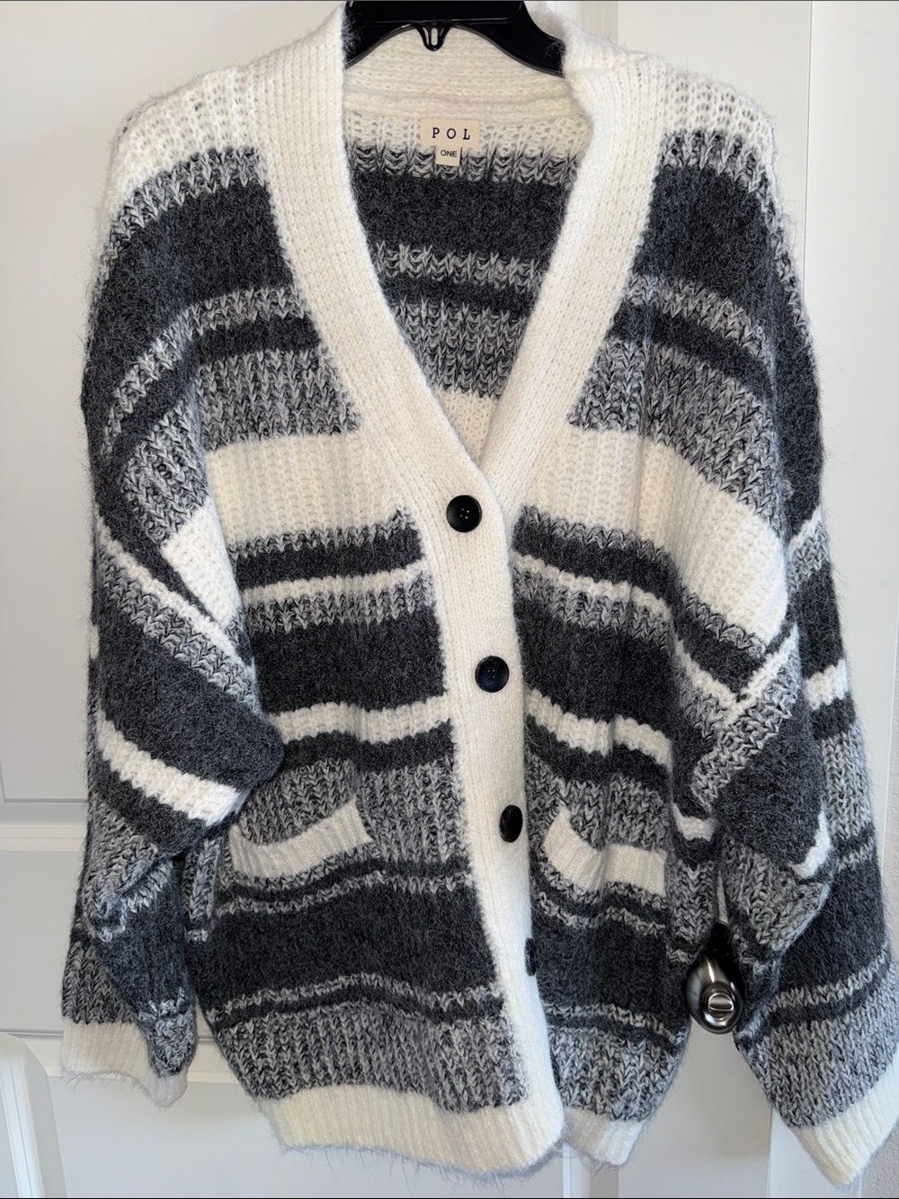 POL Black and White Striped Button Cardigan